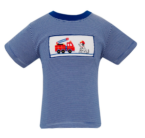 Get your little one ready for adventures with the Firetruck Smocked Knit Tee by Anavini. This navy striped tee features playful firetruck smocking, adding a fun touch to the classic design. Made with comfortable knit fabric, it's perfect for all-day wear. Let your child's imagination soar with this adorable tee!