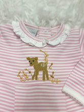 Load image into Gallery viewer, Dress your little girl in this adorable Infant Girls Pink Striped Fawn Romper from Squiggles! The pink and white stripes add a touch of sweetness, while the fawn applique and ruffle hem detail bring extra charm. Perfect for playtime, this romper will keep your little one comfy and stylish.

