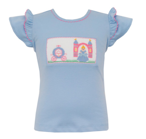 Elevate your little princess's wardrobe with the Blue Knit Princess Tee by Anavini. Featuring beautiful ruffled sleeves, a pink trim, and a charming princess smock design, this blue knit shirt is not only stylish but also comfortable for all-day wear. Fit for a true royalty!