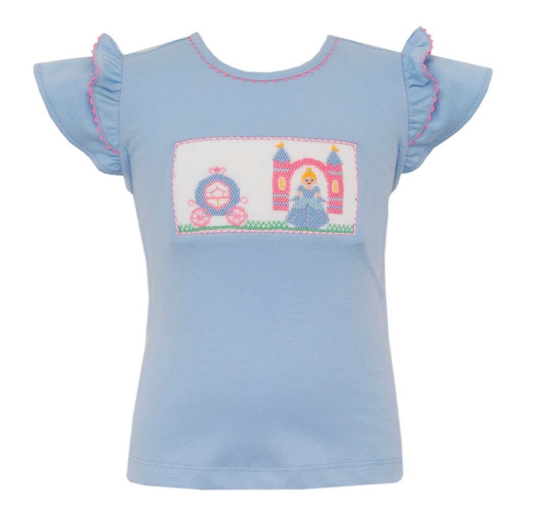 Elevate your little princess's wardrobe with the Blue Knit Princess Tee by Anavini. Featuring beautiful ruffled sleeves, a pink trim, and a charming princess smock design, this blue knit shirt is not only stylish but also comfortable for all-day wear. Fit for a true royalty!