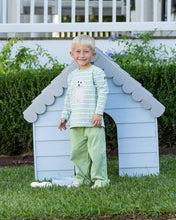 Load image into Gallery viewer, Ignite joyful playtime with the Boys Puppy Pant Set by Trotter Street Kids! The vibrant striped top, featuring an adorable puppy appliqué, pairs perfectly with soft green pants to keep your toddler comfortable and stylish all day long!
