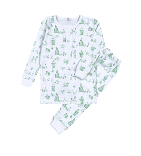 Wrap your toddler in cozy holiday charm with the Green Pima Christmas Toile Loungewear Set from Baby Loren. Made from soft, breathable pima cotton, this long-sleeve pajama set offers unmatched comfort for festive nights at home. Its classic design brings timeless Christmas spirit to your little one’s loungewear, making every holiday moment extra special. Perfect for restful sleep or joyful play, this set ensures your child stays warm and snug throughout the season.