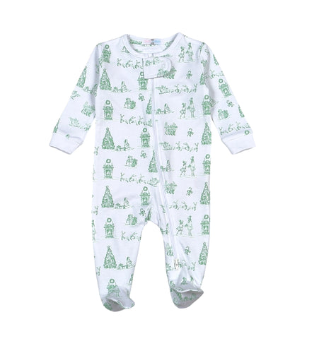 Wrap your toddler in cozy holiday charm with the Green Pima Christmas Toile Footie from Baby Loren. Made from soft, breathable pima cotton, this footie offers unmatched comfort for festive nights at home. Its classic design brings timeless Christmas spirit to your little one’s loungewear, making every holiday moment extra special. Perfect for restful sleep or joyful play, this set ensures your child stays warm and snug throughout the season.