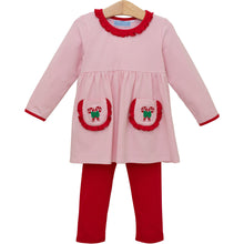 Load image into Gallery viewer, Girls Candy Cane Embroidered Ruffle Legging Set from Trotter Street Kids. This delightful outfit features sweet candy cane embroidery on the front pockets, adding a playful holiday touch.&nbsp;
