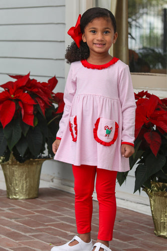 Girls Candy Cane Embroidered Ruffle Legging Set from Trotter Street Kids. This delightful outfit features sweet candy cane embroidery on the front pockets, adding a playful holiday touch. 