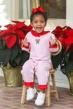 Load image into Gallery viewer, Infant Girls Candy Cane Ruffle Romper from Trotter Street Kids. This delightful outfit features sweet candy cane embroidery on the front pockets, adding a playful holiday touch.&nbsp;
