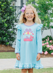 Girls Ruffle Carousel Dress from Trotter Street Kids. Crafted from soft cotton, this aqua and white striped dress features charming ruffle details on the hem and shoulders for a playful, feminine touch. The sweet carousel applique adds a whimsical finish.