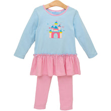 Load image into Gallery viewer, Girls Ruffle Castle Legging Set from Trotter Street Kids. This delightful set includes an aqua tunic adorned with a whimsical castle applique and a playful ruffle hem, paired perfectly with coordinating striped leggings for comfort and style. Ideal for playdates or special outings, it combines cozy fabrics with enchanting design.

