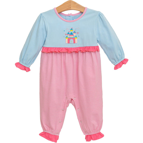 Infant Girls Striped Castle Romper from Trotter Street Kids. This delightful romper features a soft aqua top adorned with a whimsical applique castle and playful ruffle details, paired with a sweet pink and white striped bottom. 