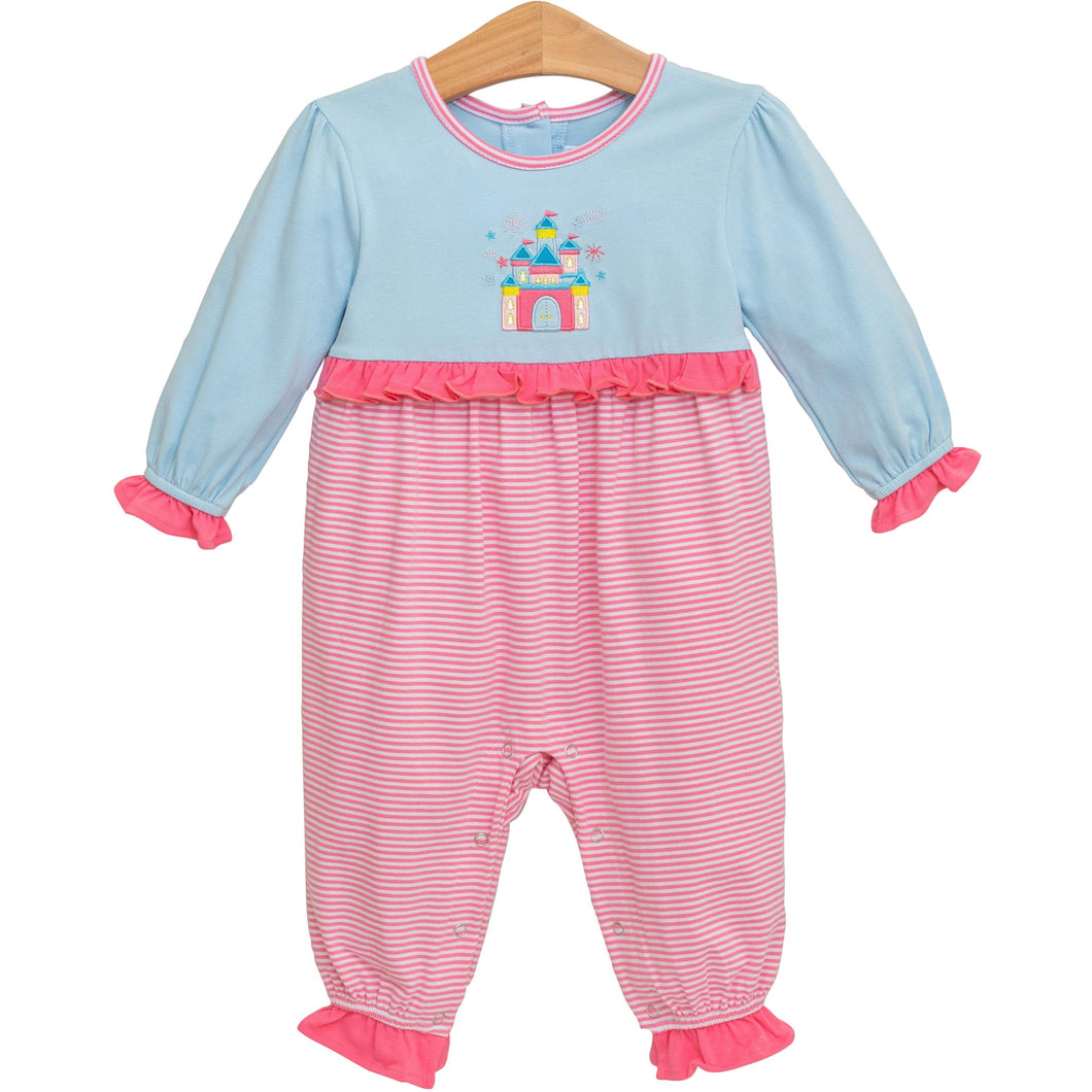 Infant Girls Striped Castle Romper from Trotter Street Kids. This delightful romper features a soft aqua top adorned with a whimsical applique castle and playful ruffle details, paired with a sweet pink and white striped bottom. 