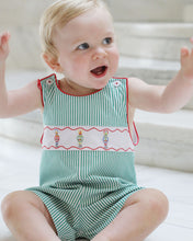 Load image into Gallery viewer, Dress your little one in festive charm with the Boys Jean Nutcracker Jon Jon from The Yellow Lamb. This adorable outfit features a classic green and white stripe pattern accented by detailed nutcracker embroidery on the front. Ideal for Santa visits or family photos, it combines comfort and holiday spirit effortlessly, making your baby the star of any seasonal occasion.
