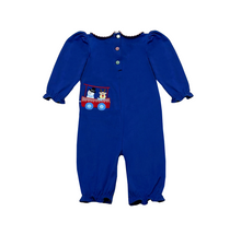 Load image into Gallery viewer, Introduce your little one to the magic of the holiday season with our Christmas Train Louisa Bubble from Zuccini Kids. Featuring a festive Christmas Train applique, a classic peter pan collar, and a cheerful vibrant blue color, this bubble is perfect for toddlers and brings joy to any occasion.&nbsp;
