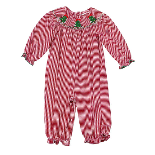 Celebrate the season in cozy style with the Infant Girls Christmas Tree Billie Bishop Bubble from Zuccini Kids. This charming knit bubble features festive red and white stripes, complemented by a smocked neckline with embroidered delicate Christmas trees. Soft and comfortable, it’s perfect for your little one’s holiday moments. Plus, coordinating sibling outfits make for adorable family photos. 