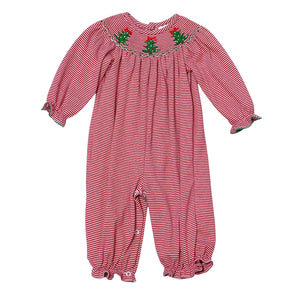 Celebrate the season in cozy style with the Infant Girls Christmas Tree Billie Bishop Bubble from Zuccini Kids. This charming knit bubble features festive red and white stripes, complemented by a smocked neckline with embroidered delicate Christmas trees. Soft and comfortable, it’s perfect for your little one’s holiday moments. Plus, coordinating sibling outfits make for adorable family photos.&nbsp;