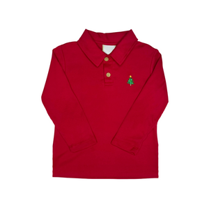 Dress your little one in festive style with the Boys Christmas Tree Ian Polo from Zuccini Kids. This soft knit red polo features a charming embroidered Christmas tree, perfect for holiday celebrations. Pair it effortlessly with the matching Christmas Tree Corduroy Pants for a coordinated and cozy look that brings holiday cheer to any occasion.
