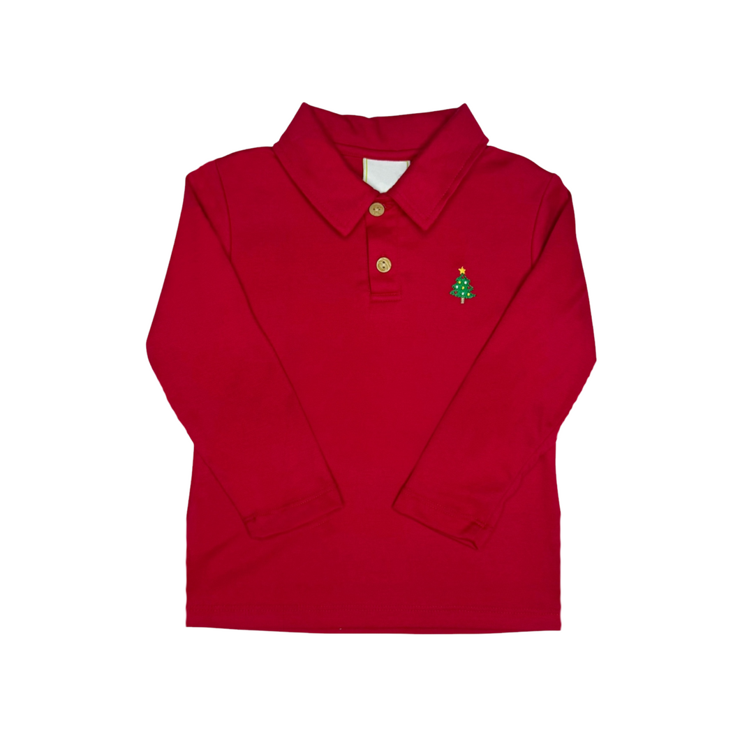 Dress your little one in festive style with the Boys Christmas Tree Ian Polo from Zuccini Kids. This soft knit red polo features a charming embroidered Christmas tree, perfect for holiday celebrations. Pair it effortlessly with the matching Christmas Tree Corduroy Pants for a coordinated and cozy look that brings holiday cheer to any occasion.