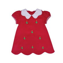 Load image into Gallery viewer, Celebrate the season in style with the Girls Christmas Tree Kendall Dress from Zuccini Kids. This charming red corduroy dress is adorned with festive Christmas Tree embroidery and accented with classic red and white gingham details. Featuring a delicate Peter Pan collar and scalloped hem, it’s the perfect holiday outfit for your little one to shine and coordinate beautifully with sibling looks. Embrace timeless holiday cheer and create lasting memories in this delightful dress.

