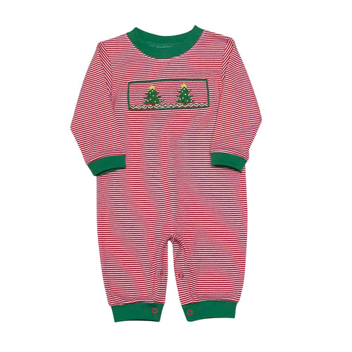 Celebrate the season in cozy style with the Infant Boy's Striped Christmas Tree Luke Bubble from Zuccini Kids. This charming knit bubble features festive red and white stripes, complemented by a smocked front embroidered with delicate Christmas trees. Soft and comfortable, it’s perfect for your little one’s holiday moments. Plus, coordinating sibling outfits make for adorable family photos. 