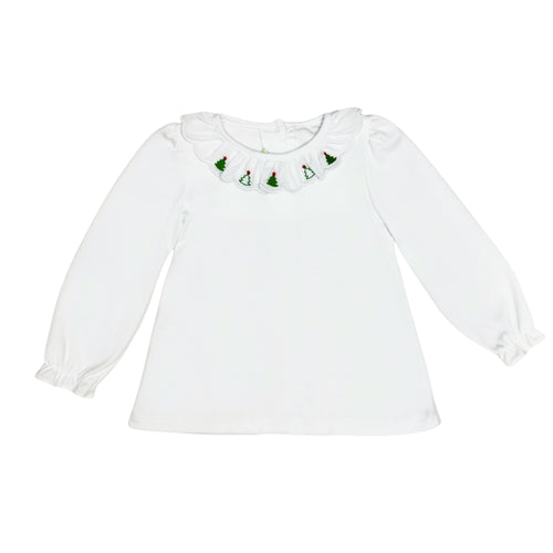 Let her celebrate the season in style with the Christmas Tree Scalloped White Knit Blouse from Zuccini Kids. This charming blouse features a delicate scalloped ruffle collar adorned with embroidered Christmas trees, adding a festive touch to any outfit. Perfectly paired with the Christmas Green Cord Kendall Skirt.