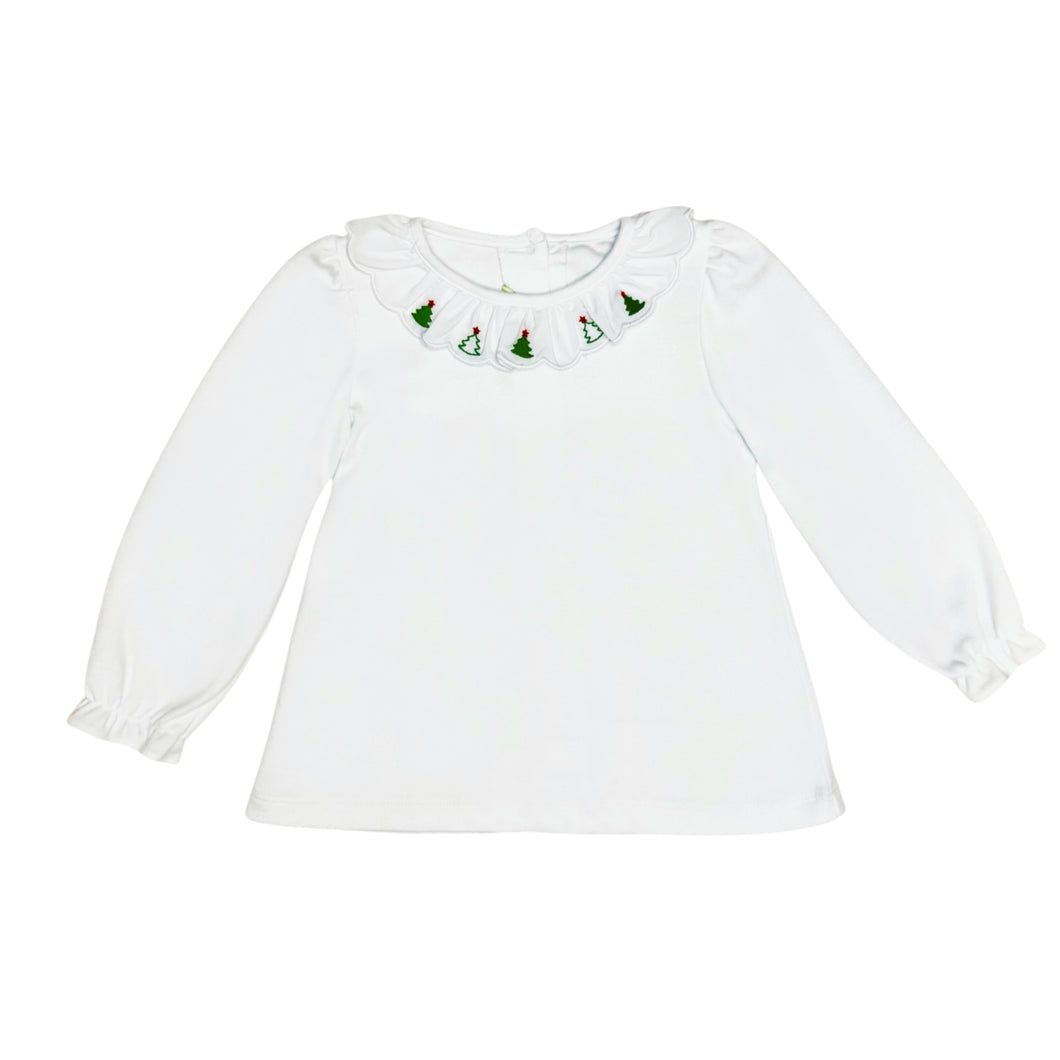 Let her celebrate the season in style with the Christmas Tree Scalloped White Knit Blouse from Zuccini Kids. This charming blouse features a delicate scalloped ruffle collar adorned with embroidered Christmas trees, adding a festive touch to any outfit. Perfectly paired with the Christmas Green Cord Kendall Skirt.