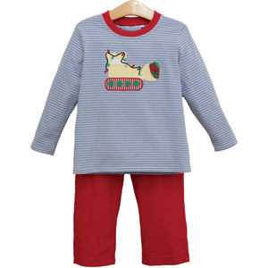 Boys Construction Christmas Pant Set from Trotter Street Kids. This charming navy and white striped tee features festive red accents and a playful bulldozer applique wrapped in colorful Christmas lights. Coordinating red pants make this a set. Soft and comfortable, it’s perfect for keeping your little one cozy while adding a fun, seasonal touch to holiday photos and gatherings.&nbsp;