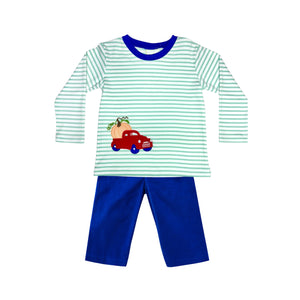 The Pumpkins &amp; Truck Harry's Play Tee from Zuccini Kids blends cozy comfort with playful charm, featuring mint and white stripes accented by a royal blue crew neck and delightful truck and pumpkin applique. Ideal for fall festivals and seasonal events, this tee pairs effortlessly with royal blue Corduroy Leo Pants to create a stylish and festive outfit your child will love to wear all season long.