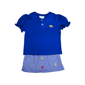 The Girls ABC Miley Skort Set from Zuccini Kids combines style and school spirit with a royal blue polo featuring a charming embroidered bus and a matching blue and white micro check skort adorned with playful ABCs and back-to-school motifs. This adorable outfit is designed to make her feel confident and excited for the school day ahead. Perfect for blending comfort with classic charm, it’s a must-have for any young learner’s wardrobe.