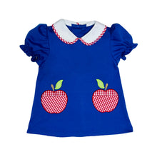 Load image into Gallery viewer, The Girls Apple Louisa Dress by Zuccini Kids is a charming royal blue knit dress accented with a crisp white piped collar and playful apple appliques. Designed for toddler girls, it offers a perfect blend of comfort and style, making it an ideal choice for back-to-school days. This dress ensures your little one looks adorable while staying comfortable throughout the day
