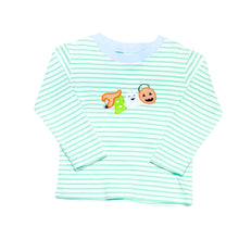 Load image into Gallery viewer, Dress your little one in festive fun with the Boy&#39;s Boo Harry&#39;s Play Tee from Zuccini Kids. This soft, mini mint and white striped knit tee features charming Halloween character appliques spelling out &quot;Boo,&quot; perfectly blending playful style with comfort. Pair it effortlessly with Light Blue Leo Corduroy Pants for an adorable, complete outfit. Don’t miss out on matching sibling sets to keep the whole family coordinated for the season!
