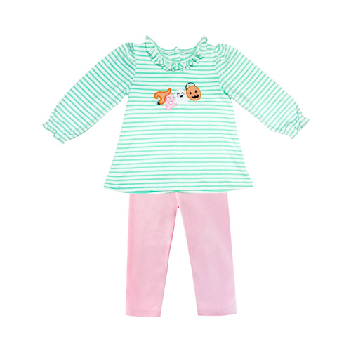 Dress your little one in cozy Halloween charm with the Girls Knit Boo Sussette Legging Set. This knit tunic features mint & white stripes, ruffle collar, and adorable Boo appliques, making it perfect for festive fall gatherings. Coordinating pink leggings completes the look! 