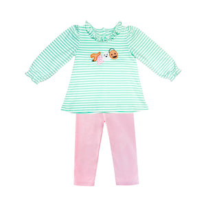 Dress your little one in cozy Halloween charm with the Girls Knit Boo Sussette Legging Set. This knit tunic features mint &amp; white stripes, ruffle collar, and adorable Boo appliques, making it perfect for festive fall gatherings. Coordinating pink leggings completes the look!&nbsp;