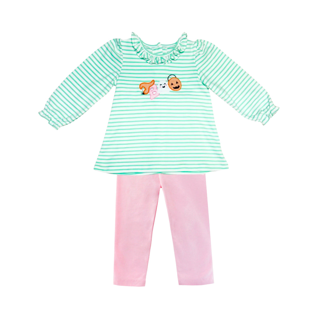 Dress your little one in cozy Halloween charm with the Girls Knit Boo Sussette Legging Set. This knit tunic features mint & white stripes, ruffle collar, and adorable Boo appliques, making it perfect for festive fall gatherings. Coordinating pink leggings completes the look! 