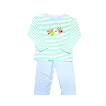 Load image into Gallery viewer, Dress your little one in festive fun with the Boy&#39;s Boo Harry&#39;s Play Tee from Zuccini Kids. This soft, mini mint and white striped knit tee features charming Halloween character appliques spelling out &quot;Boo,&quot; perfectly blending playful style with comfort. Pair it effortlessly with Light Blue Leo Corduroy Pants for an adorable, complete outfit. Don’t miss out on matching sibling sets to keep the whole family coordinated for the season!
