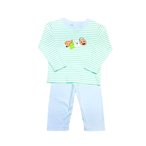Dress your little one in festive fun with the Boy's Boo Harry's Play Tee from Zuccini Kids. This soft, mini mint and white striped knit tee features charming Halloween character appliques spelling out 