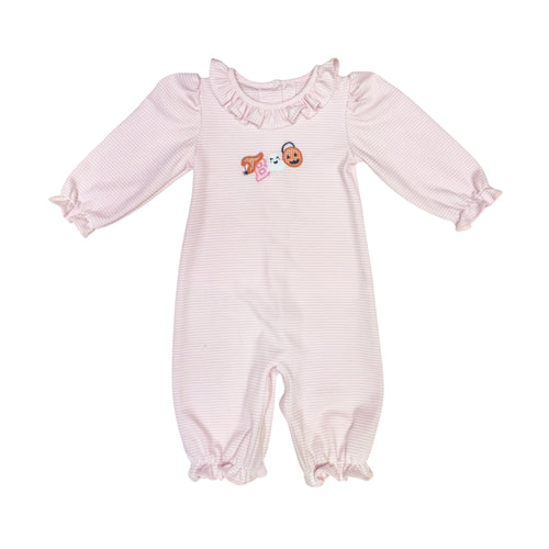 Dress your little one in cozy Halloween charm with the Infant Girls Knit Boo Sussette Bubble. This knit long romper features subtle mini pink & white stripes, ruffle collar, and adorable Boo appliques, making it perfect for festive fall gatherings. Soft and comfortable, it ensures your baby stays warm while celebrating the season in style.
