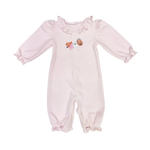 Dress your little one in cozy Halloween charm with the Infant Girls Knit Boo Sussette Bubble. This knit long romper features subtle mini pink &amp; white stripes, ruffle collar, and adorable Boo appliques, making it perfect for festive fall gatherings. Soft and comfortable, it ensures your baby stays warm while celebrating the season in style.