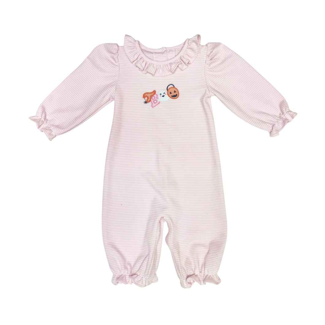 Dress your little one in cozy Halloween charm with the Infant Girls Knit Boo Sussette Bubble. This knit long romper features subtle mini pink & white stripes, ruffle collar, and adorable Boo appliques, making it perfect for festive fall gatherings. Soft and comfortable, it ensures your baby stays warm while celebrating the season in style.