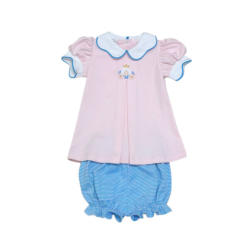 Dress your little princess in the Carriage Ella Bloomer Set from Zuccini Kids, featuring a charming long collared knit tunic with a delicate front pleat and an embroidered magical princess carriage. This adorable outfit pairs perfectly with coordinating bloomers for comfort and style. Ideal for your youngest princess, it also has a matching big sister dress to create a delightful sibling look. Elevate your child's wardrobe with this enchanting and comfortable set today.