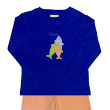 Load image into Gallery viewer, Dress your little adventurer in the Boys Fishing Lure Harry Play Tee &amp; Pant Set, perfectly designed for comfort and style. The navy long sleeve tee showcases a playful fishing lure applique, sparking imagination and fun. Coordinating orange and white gingham pants add a vibrant touch, making the outfit perfect for active play or casual outings. For the tiniest anglers, a matching infant longall is also available, completing a charming set for your whole family.
