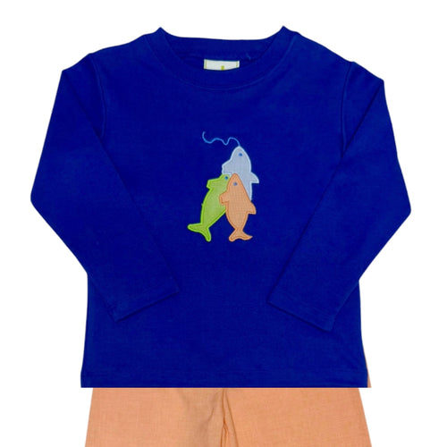 Dress your little adventurer in the Boys Fishing Lure Harry Play Tee & Pant Set, perfectly designed for comfort and style. The navy long sleeve tee showcases a playful fishing lure applique, sparking imagination and fun. Coordinating orange and white gingham pants add a vibrant touch, making the outfit perfect for active play or casual outings. For the tiniest anglers, a matching infant longall is also available, completing a charming set for your whole family.