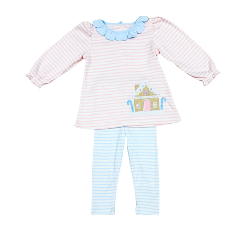 Pre-Order

Dress your toddler in festive charm with the Girls Gingerbread Reagan Knit Legging Set from Zuccini Kids. This playful outfit features soft pink stripes and a delightful gingerbread applique, paired perfectly with coordinating blue leggings for comfort and style. Ideal for holiday casual wear, it brings cheer to every celebration while allowing your little one to move freely. Plus, a matching bloomer set is available for little sisters, making it perfect for sibling holiday photos and family gath