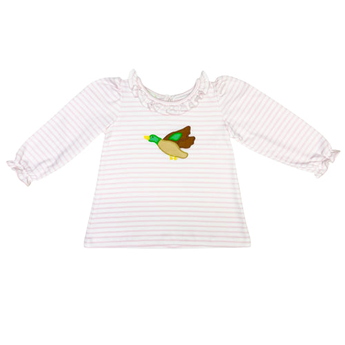 Dress your little one in charming comfort with the Girls Mallard Duck Suzette Pink Blouse from Zuccini Kids. Crafted from soft knit fabric featuring delicate pink and white stripes, this blouse showcases a delightful applique of a mallard duck in flight—perfect for little duck lovers. The ruffle collar adds a sweet, feminine detail, making it an adorable choice for any occasion. Plus, coordinate with a matching little sister bubble for picture-perfect sibling style.