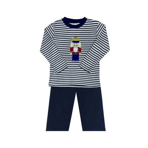 Dress your little one in festive charm with the Boys Nutcracker Striped Play Tee & Corduroy Pant Set from Zuccini Kids. The playful striped tee showcases a charming nutcracker applique, adding a seasonal touch perfect for holiday gatherings. Paired with coordinating navy corduroy pants.