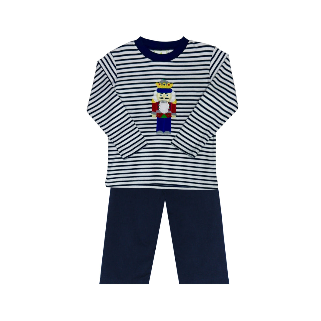 Dress your little one in festive charm with the Boys Nutcracker Striped Play Tee & Corduroy Pant Set from Zuccini Kids. The playful striped tee showcases a charming nutcracker applique, adding a seasonal touch perfect for holiday gatherings. Paired with coordinating navy corduroy pants.