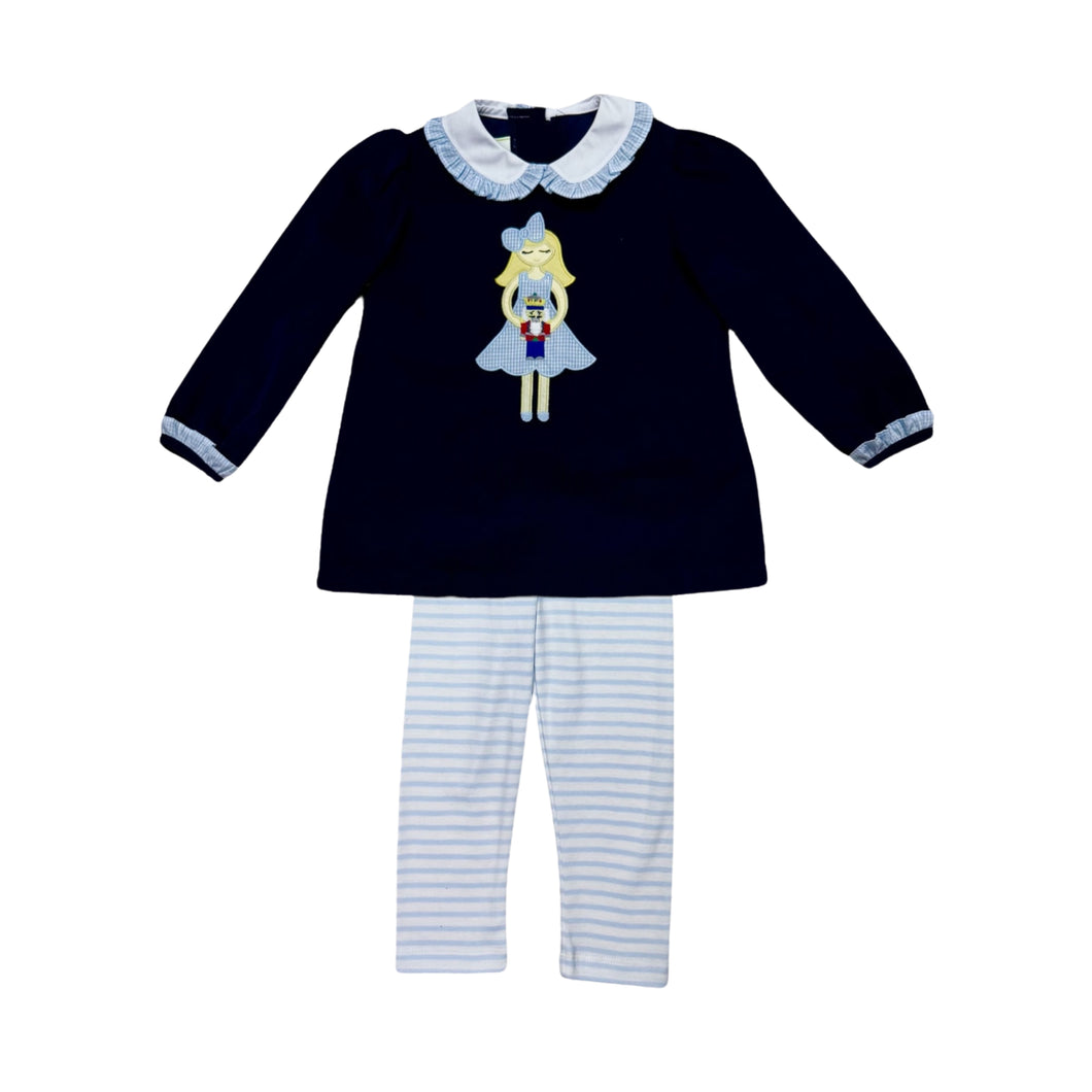 Dress your little one in festive charm with the Toddler Girls Navy Nutcracker Louisa Legging Set from Zuccini Kids. This long-sleeve, navy knee-length tunic features a delicate ruffled Peter Pan collar and a stunning nutcracker applique that brings holiday magic to life. Paired with striped coordinating leggings. Matching sibling looks available.