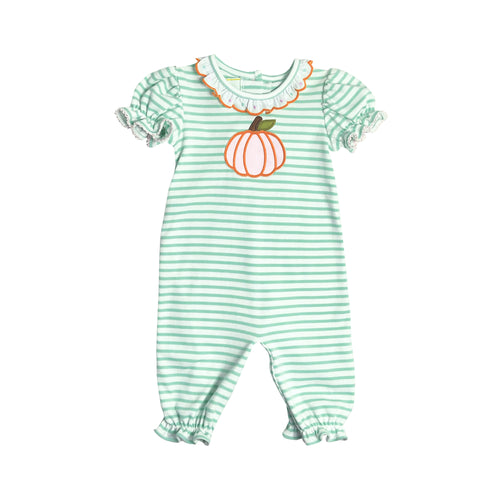 Dress your little one in cozy charm with the Pumpkin Louisa Bubble from Zuccini Kids. This long romper features delicate mint and white stripes, a sweet ruffle collar, and a charming pumpkin applique—perfect for keeping your infant girl comfortable and stylish on cooler days. Its soft fabric and thoughtful design make it a must-have for your baby’s fall wardrobe.