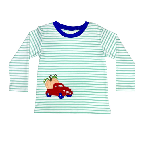 The Pumpkins & Truck Harry's Play Tee from Zuccini Kids blends cozy comfort with playful charm, featuring mint and white stripes accented by a royal blue crew neck and delightful truck and pumpkin applique. Ideal for fall festivals and seasonal events, this tee pairs effortlessly with royal blue Corduroy Leo Pants to create a stylish and festive outfit your child will love to wear all season long.