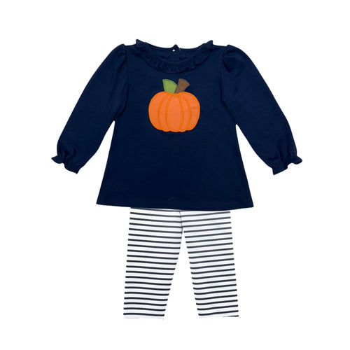 Dress your toddler in cozy charm with the Girls Pumpkin Sussette Blouse & Legging Set by Zuccini Kids. The navy knit blouse features delicate ruffle neck details and a sweet pumpkin embroidery, adding a festive touch to any outfit. Paired with coordinating striped leggings, this set combines comfort and style for all-day wear. Perfect for playdates or family gatherings, it offers easy movement and seasonal flair.
