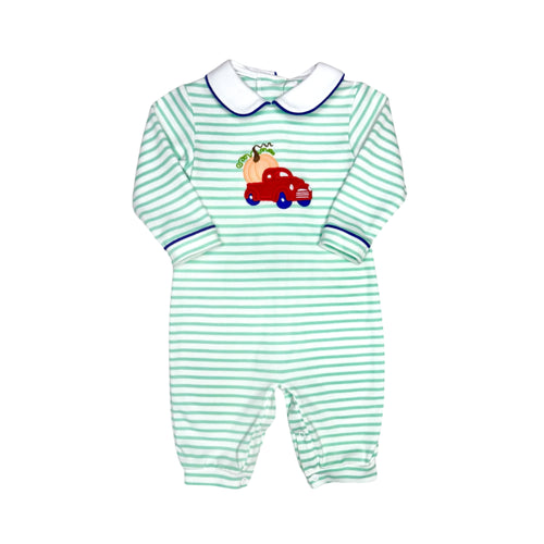 The Pumpkin Oliver Bubble from Zuccini Kids blends cozy comfort with playful charm, featuring mint and white stripes accented by a royal blue and white peter pan collar. A delightful truck and pumpkin applique is front and center. Ideal for fall festivals and seasonal events, this festive outfit is one your child will love to wear all season long. For infant boys.