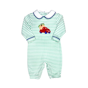 The Pumpkin Oliver Bubble from Zuccini Kids blends cozy comfort with playful charm, featuring mint and white stripes accented by a royal blue and white peter pan collar. A delightful truck and pumpkin applique is front and center. Ideal for fall festivals and seasonal events, this festive outfit is one your child will love to wear all season long. For infant boys.